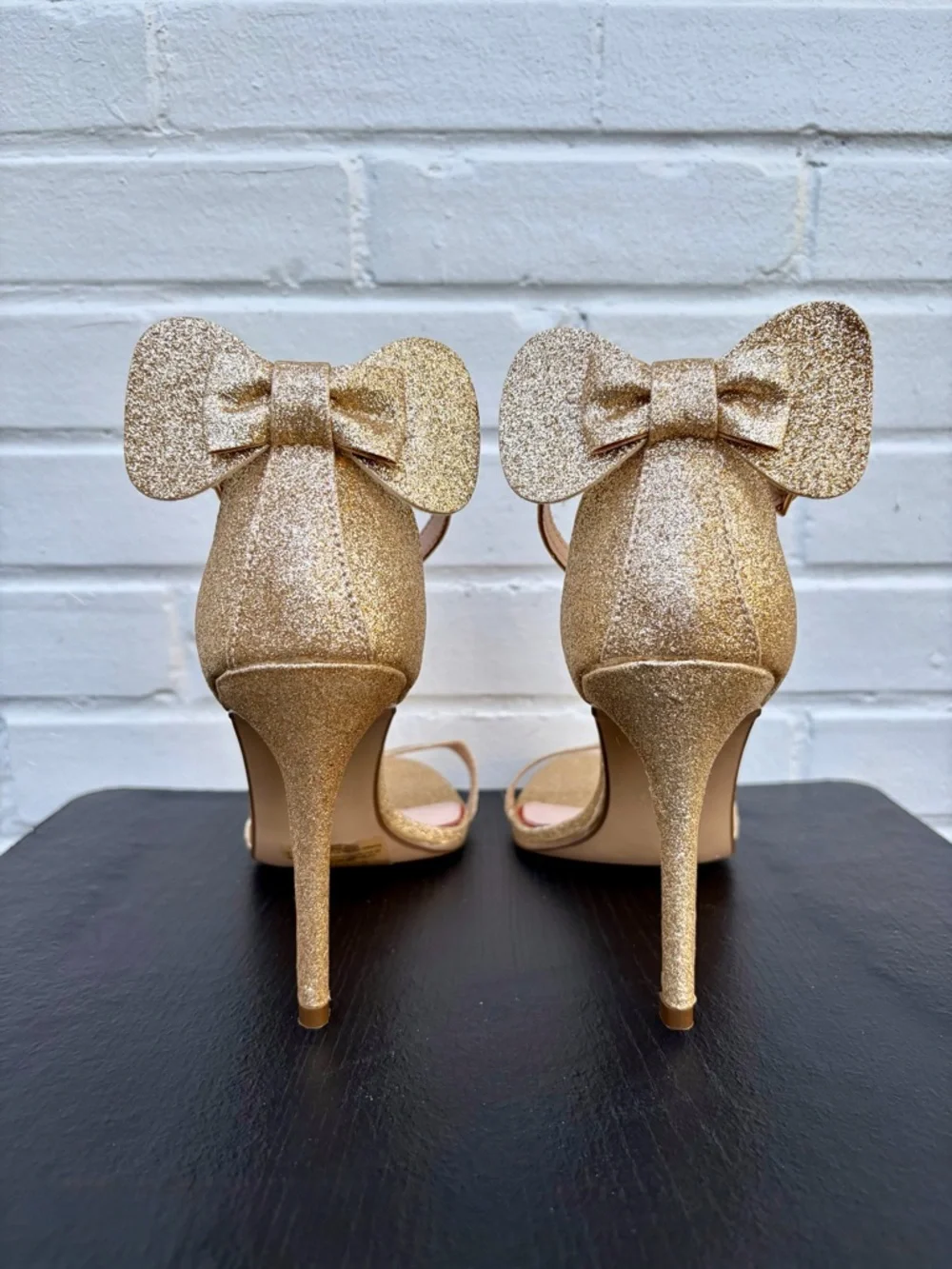 Primark x Disney Minnie Mouse Gold Glitter Bow Ankle-Strap Stiletto Heels, SZ 10